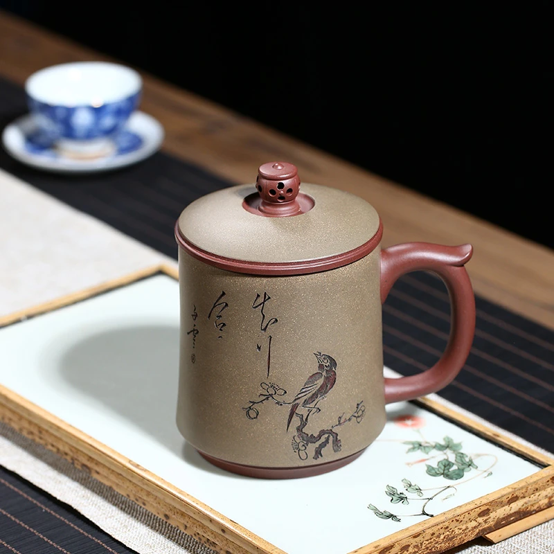 宜兴紫砂杯原矿工艺师手工陶刻知行合一办公室大号泡茶杯礼品套装
