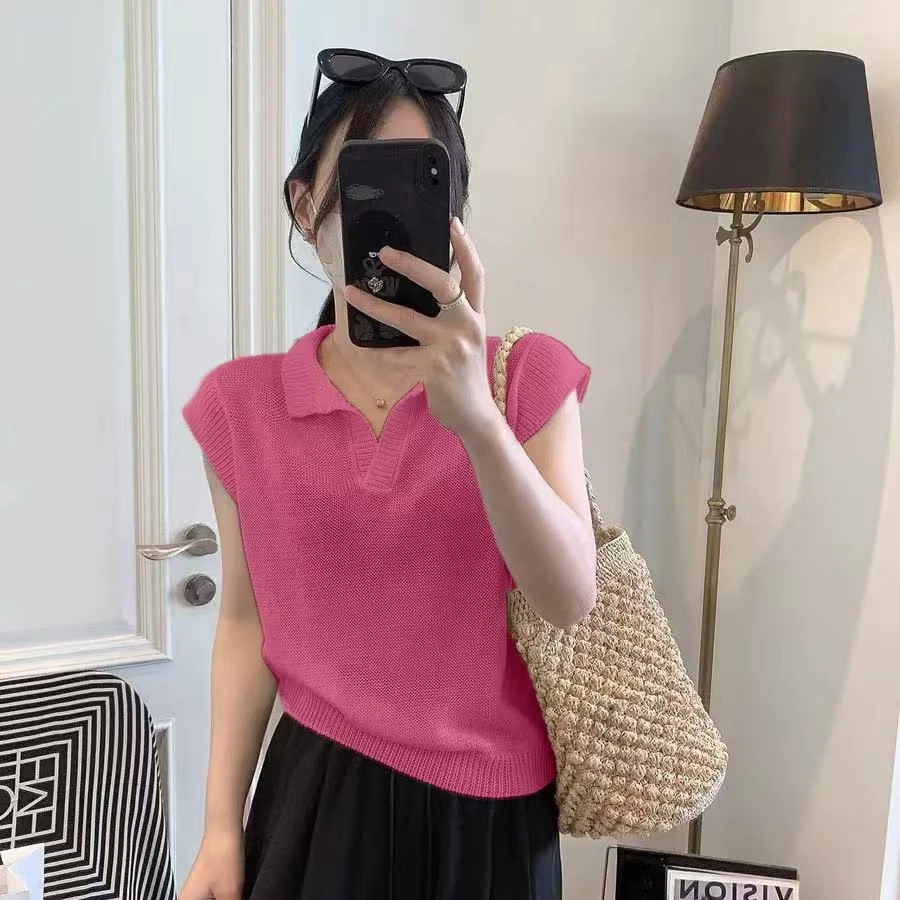 026【细纱~和纸纱】夏季薄款凉感落肩袖宽松显瘦纯色polo领针织上衣