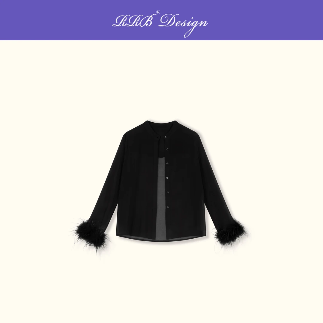 RRB Design「轻礼服」宽松显瘦袖口毛毛长袖衬衫圆领气质百搭上衣