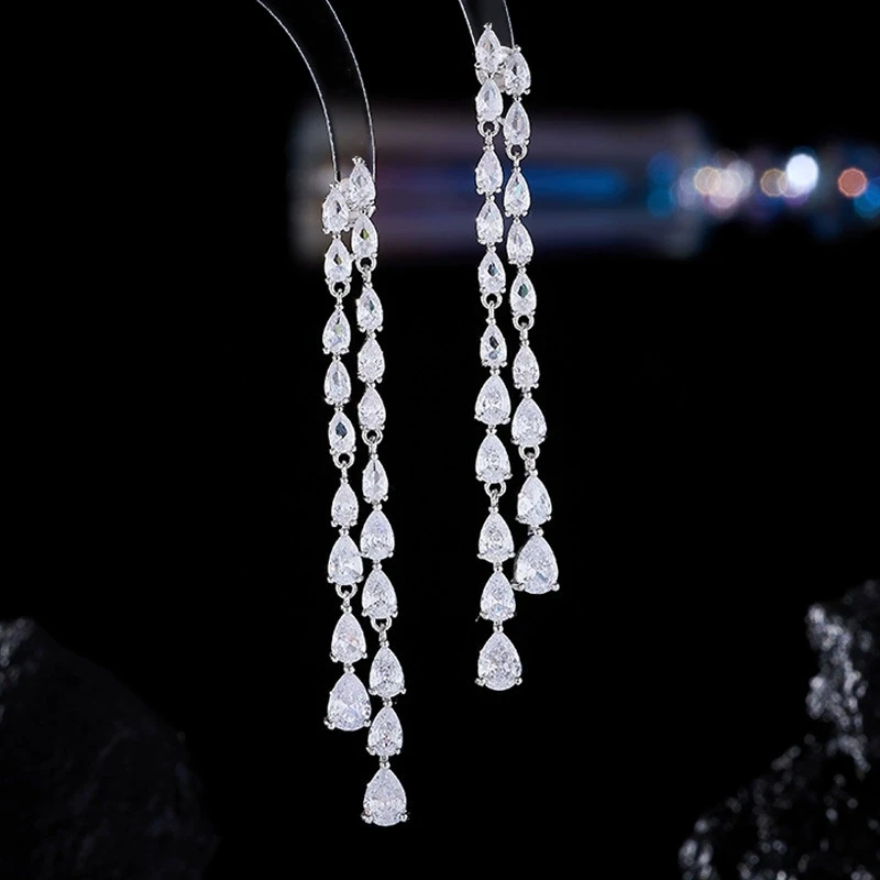 铜合金锆石耳饰 621轻奢长款灵动水滴流苏气质显瘦时尚夏季耳饰