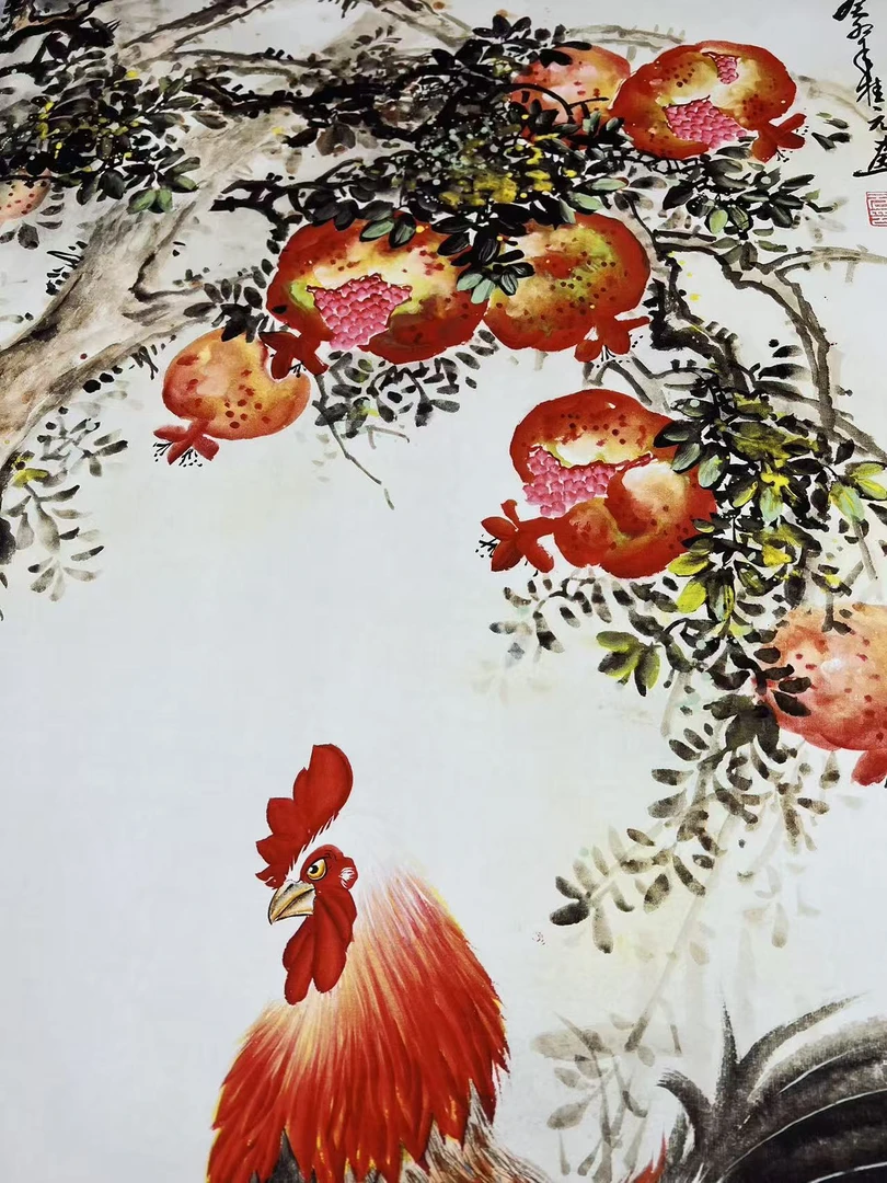 榴华吐焰新中式竖幅卷轴挂画高品质装裱客厅装饰画