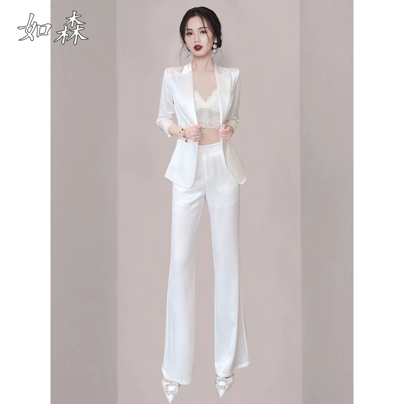 高级感醋酸西装套装女2025秋季新款时尚干练气质职业阔腿裤两件套