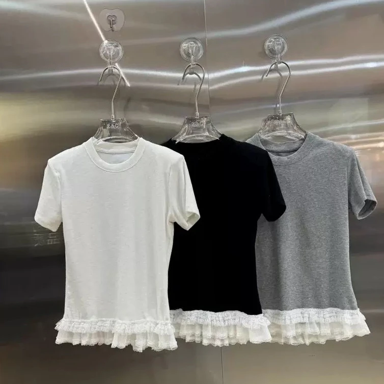 拼接蕾丝边T恤半袖