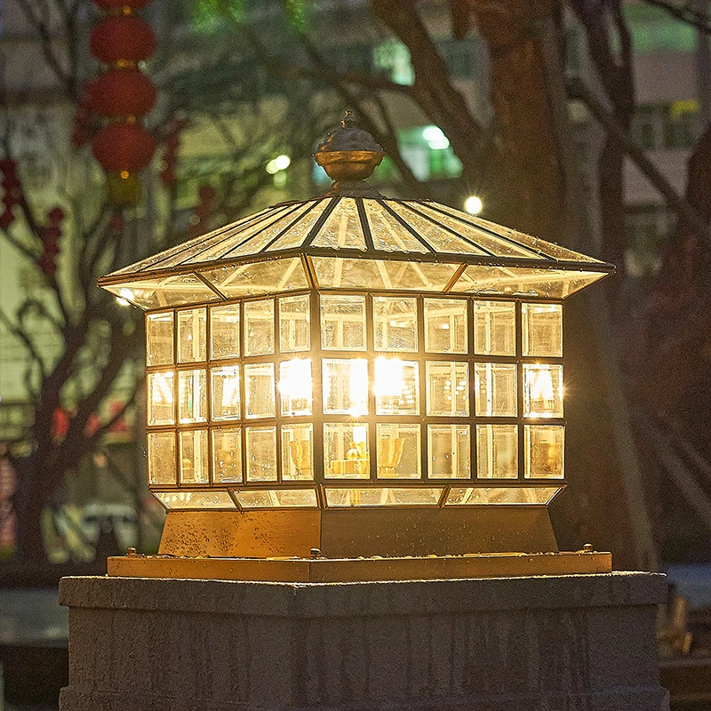 全铜柱头灯别墅大门口太阳能门柱灯户外防水庭院围墙灯露台柱子灯