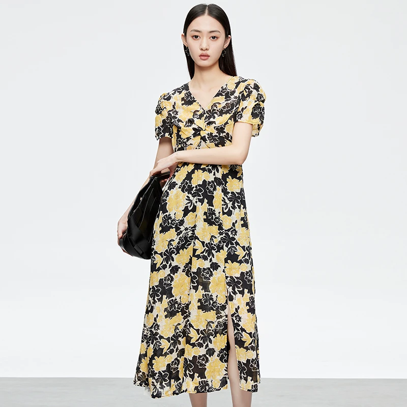 V领别致设计感中长款碎花连衣裙152C1275