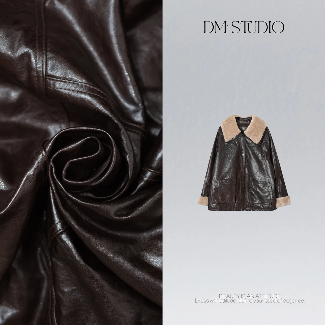 DEDM•STUDIO/冬季静奢复古油蜡皮羊毛领鹅绒皮衣外套2510PY/9837