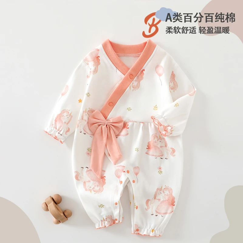 婴儿连体衣新生儿纯棉a类服装春秋百天满月初生宝宝衣服偏开爬服