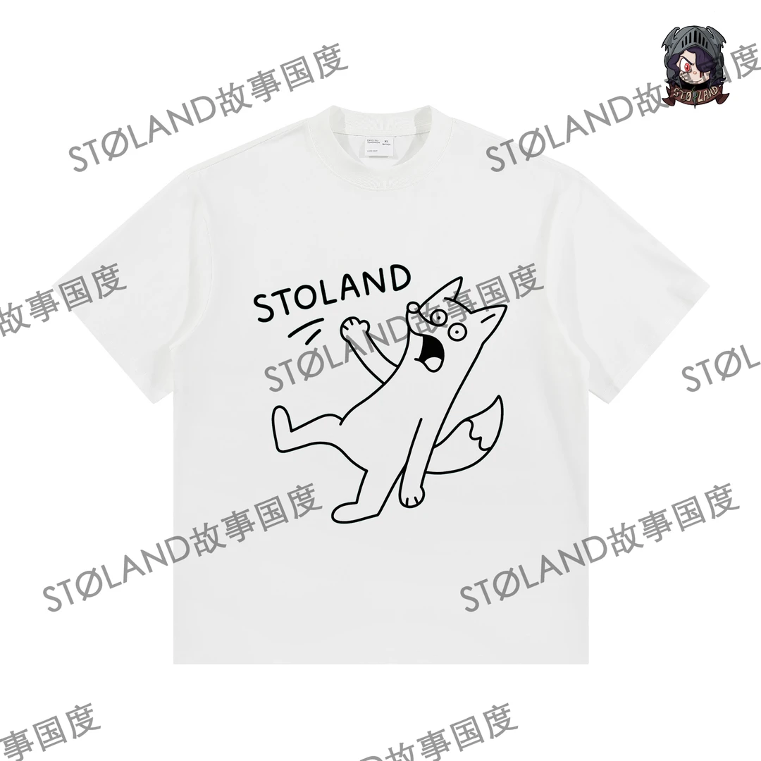 STOLAND<脚滑的狐狸 >原创线条印花美式t恤短袖宽松300g重磅纯棉