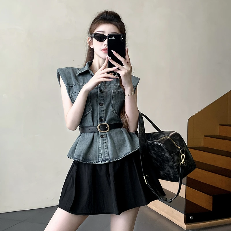 美式高级感2025春夏新款韩版洋气宽松polo领垫肩无袖水洗牛仔衬衫