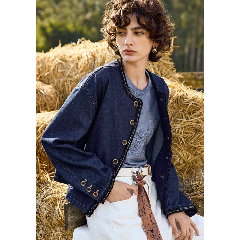 EIN/言时髦知识分子千金感小香风做旧毛边牛仔短外套女装早春新款