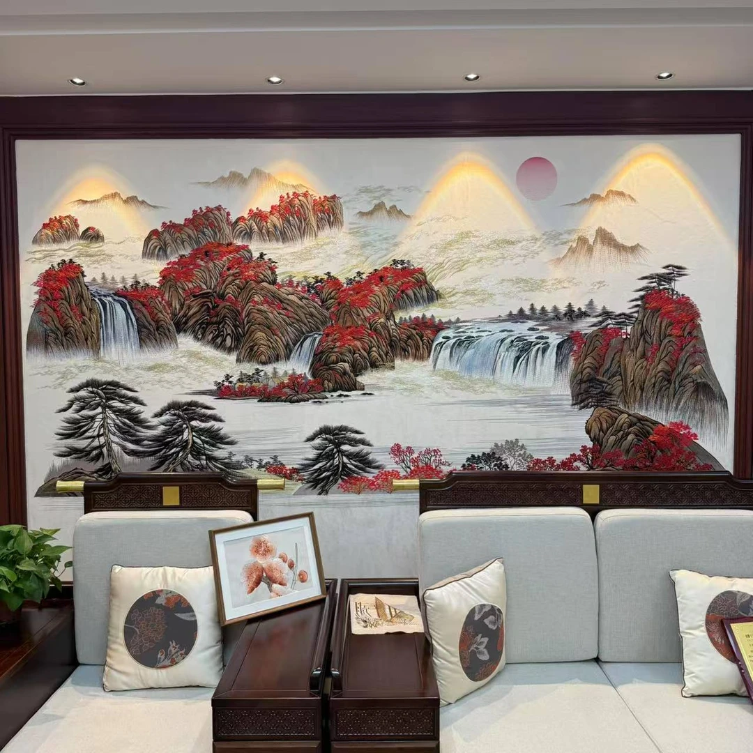 绣江南鸿运当头彩金中式背景墙沙发背景独绣刺绣背景古典现代