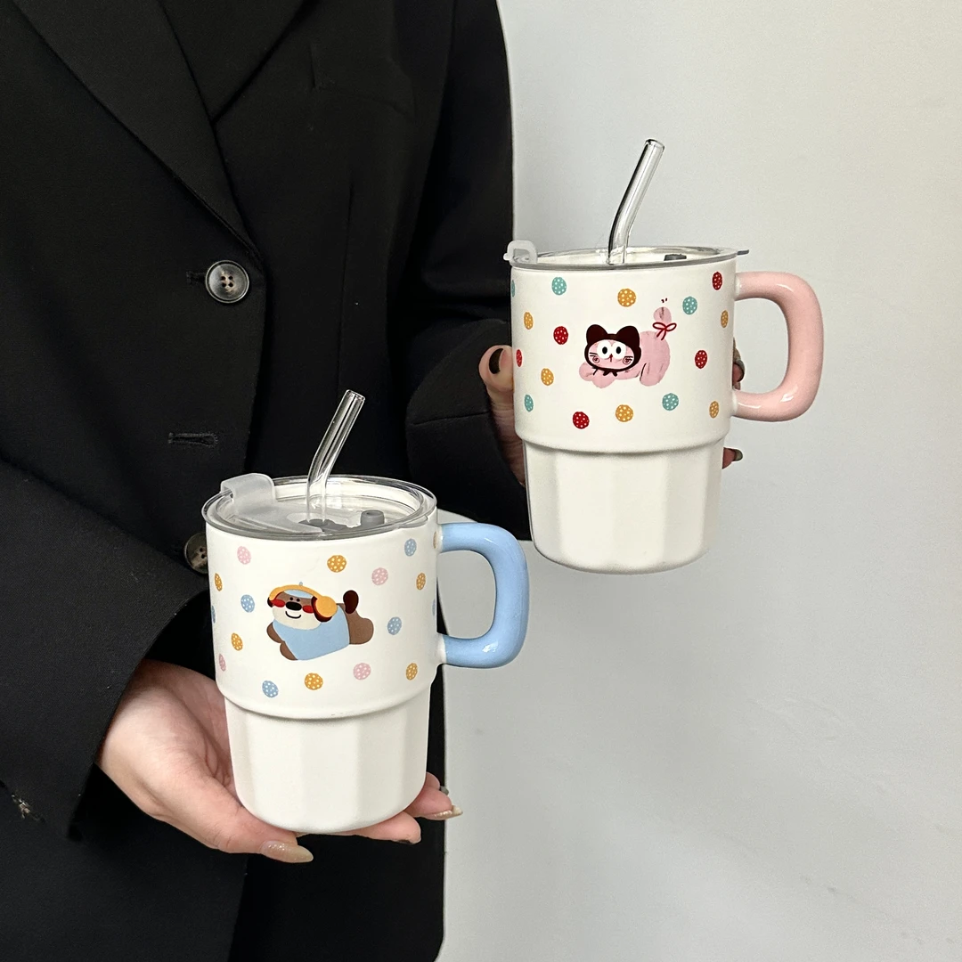 高颜值情侣水杯可爱创意波点小狗马克杯子带盖吸管杯实用生日礼物