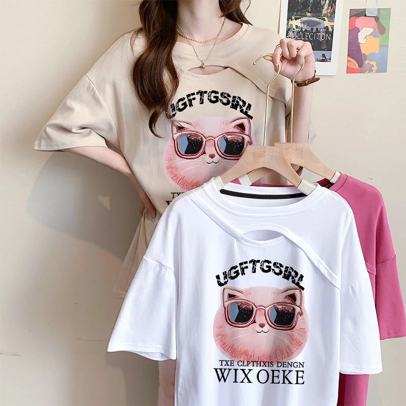 设计感镂空短袖T恤女夏季2025爆款宽松小众洋气大码纯棉卡通上衣