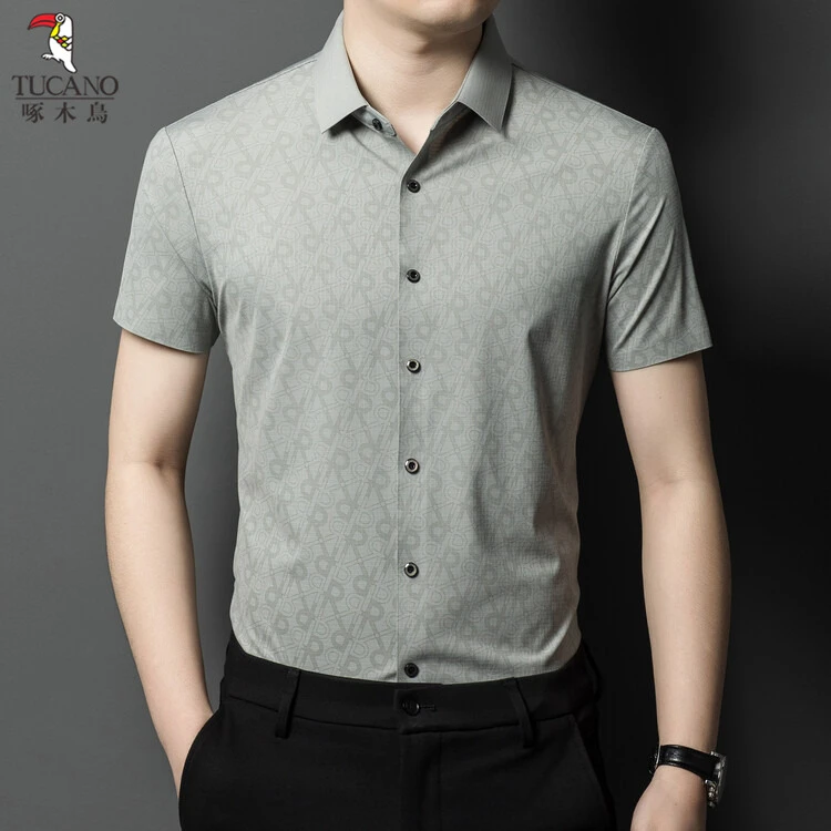 1啄木鸟纯色上衣短袖夏季时尚休闲高档潮流绅士简约衬衫衬衣男士