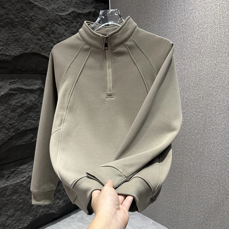 拼接半拉链立领加绒卫衣秋冬季男士潮牌时尚纯色休闲百搭轻奢上衣