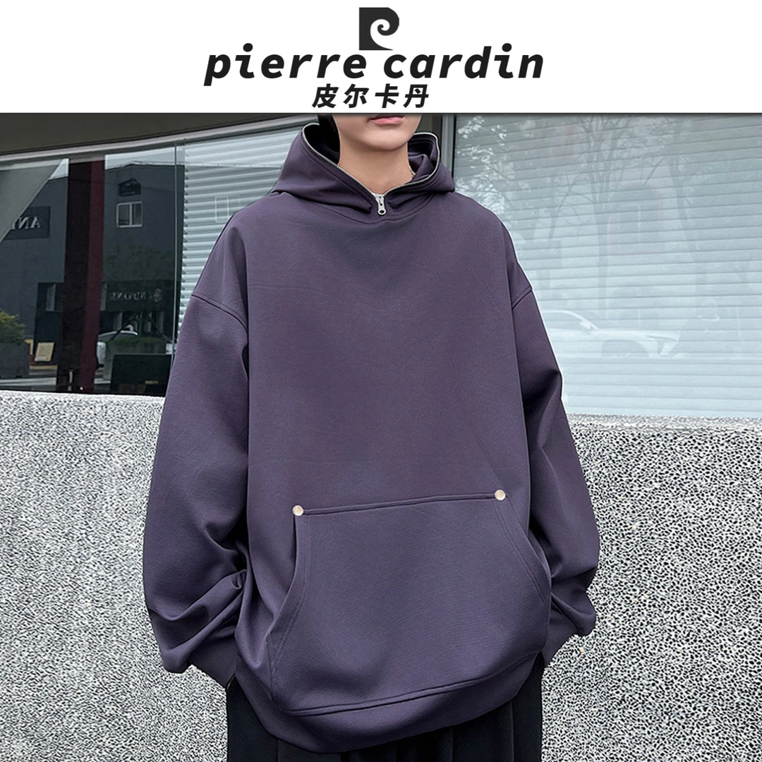 皮尔卡丹【官方】连帽卫衣男铆钉装饰外套春重磅运动休闲帽衫青少年