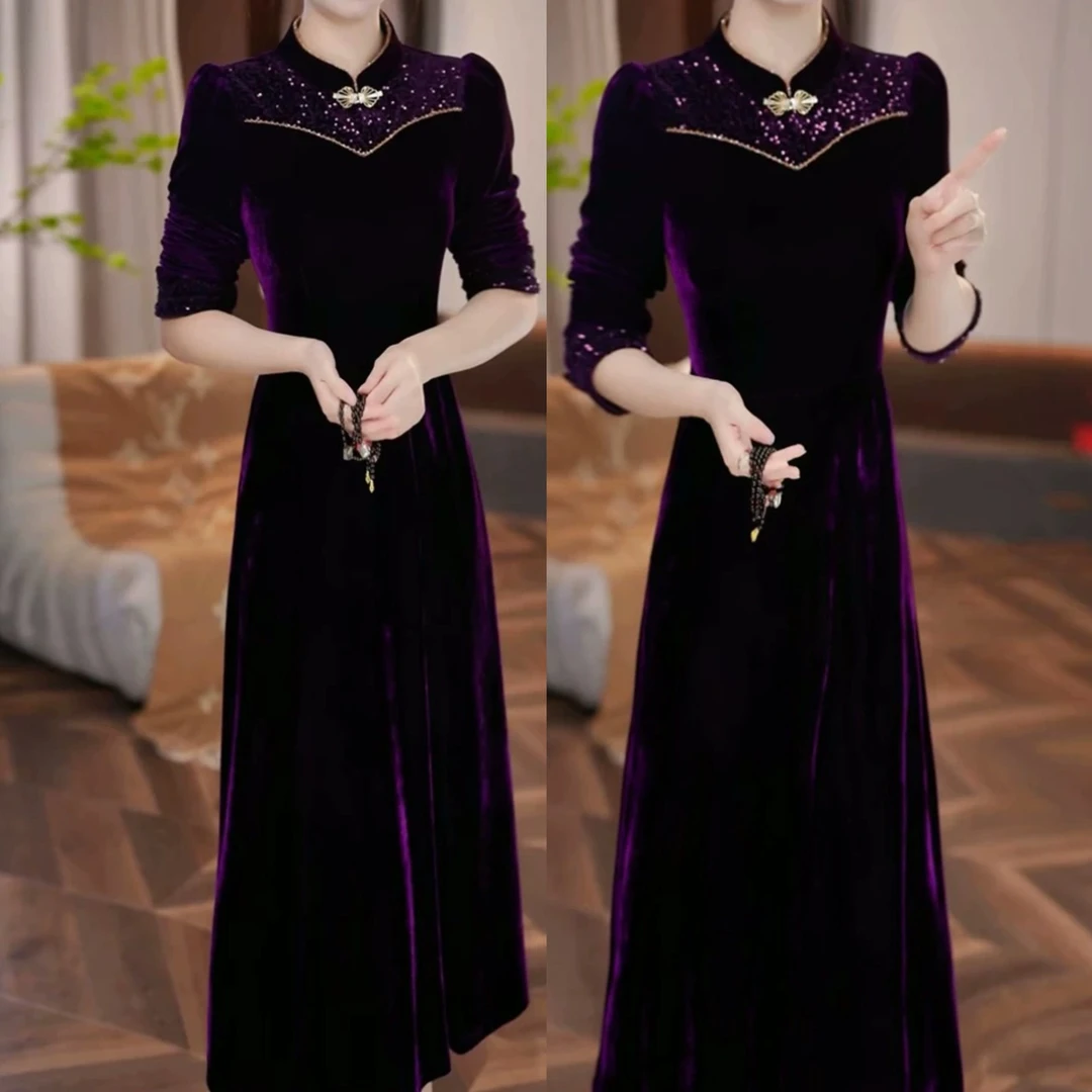 【衣雅严选】8121-2489#新款高定重磅植绒拼接亮片气质显瘦连衣裙