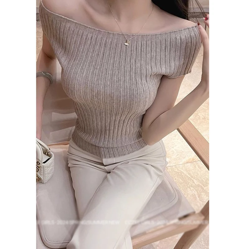法式一字肩针织短袖T恤夏季女超好看独特漂亮掐腰设计感露肩上衣