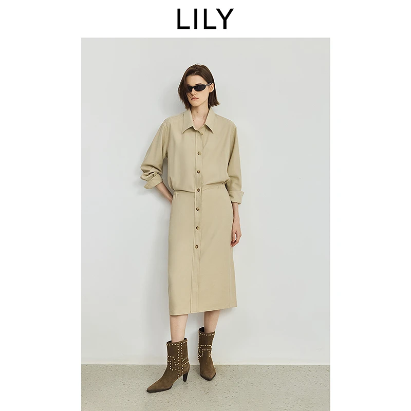 LILY2025秋新款女装含亚麻工装收腰通勤衬衫裙连衣裙125339C7957