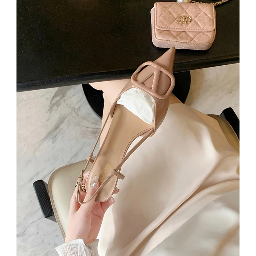 气质尖头高跟鞋女包头凉鞋2023春夏外穿方扣一字扣带细跟后空凉鞋