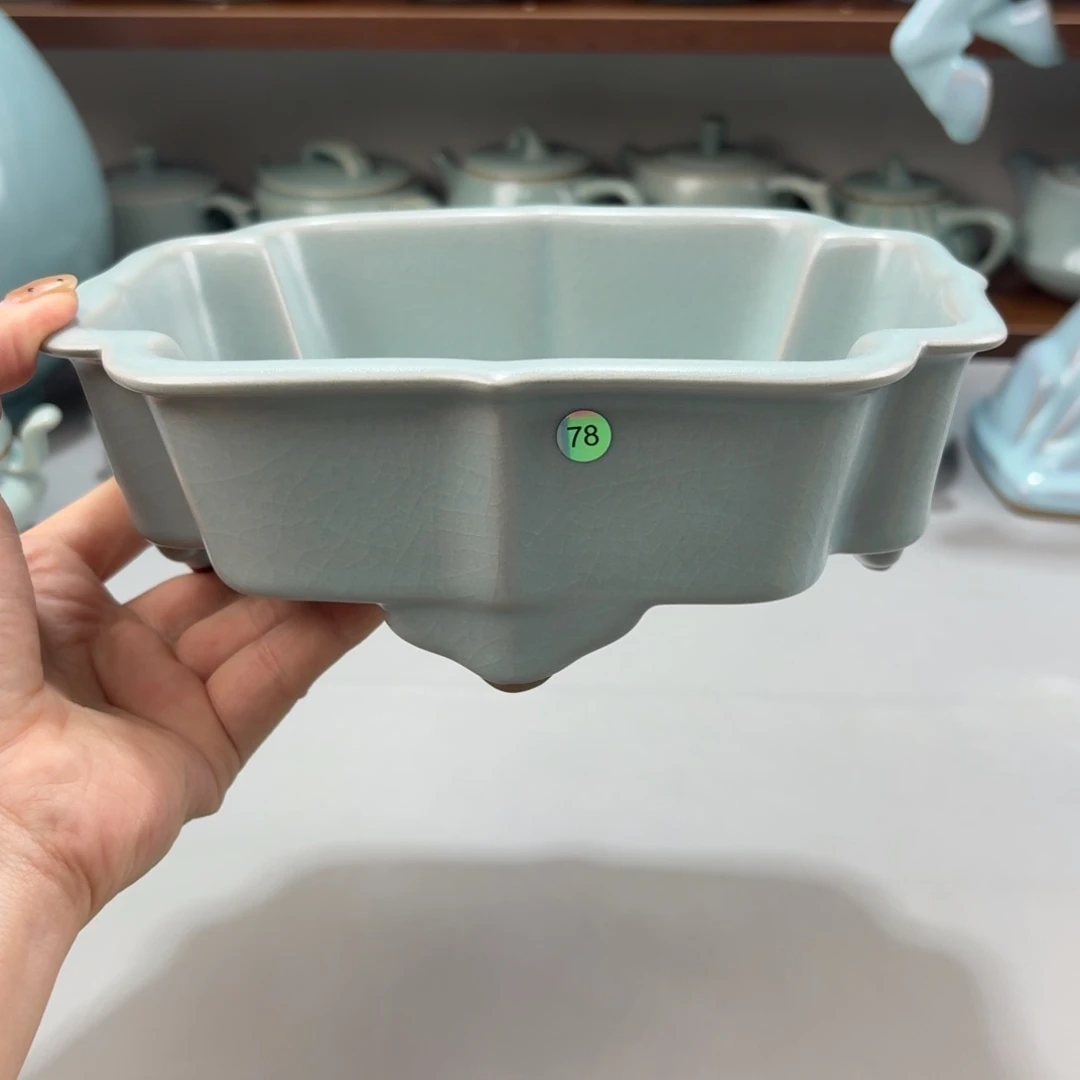 瓷摆件微瑕汝窑仿古釉海棠盆编号78