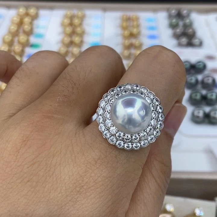 银S925镶嵌戒圈海水珍珠澳白11-12