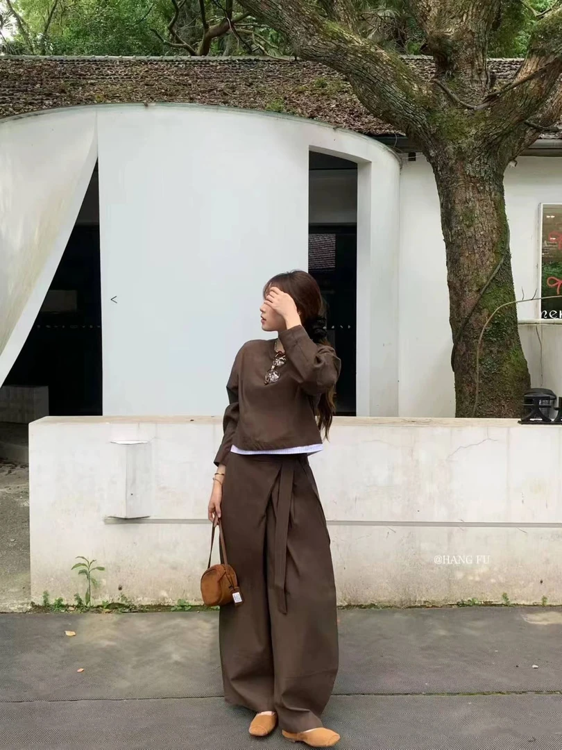 CHUMU/储慕【晚枫落叶】气质百搭显瘦圆领拼接长袖小衫+阔腿休闲裤