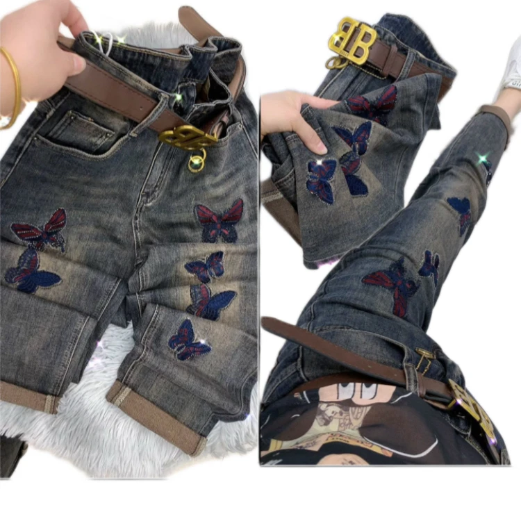 5225款重工刺绣时尚百搭弹力牛仔垮裤显瘦舒适无腰带)