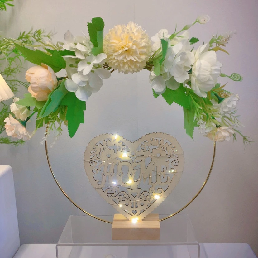 DIY带木头底座圆形花环金属圆环餐桌摆件床头轻奢桌面绢布摆放品