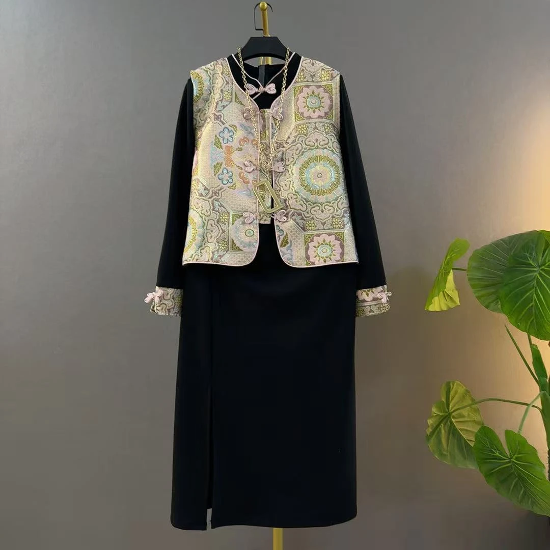 新中式国风复古盘扣马甲黑色长袖开叉连衣裙洋气显瘦大码俩件套