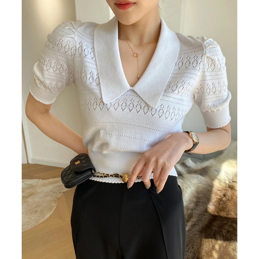 法式复古风~镂空翻领设计~直筒宽松冰丝短袖针织衫【娜家衣柜】