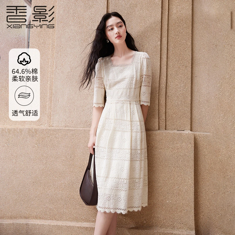 【绿子粉丝专享】Q843161连衣裙 香影法式重工蕾丝连衣裙镂空正