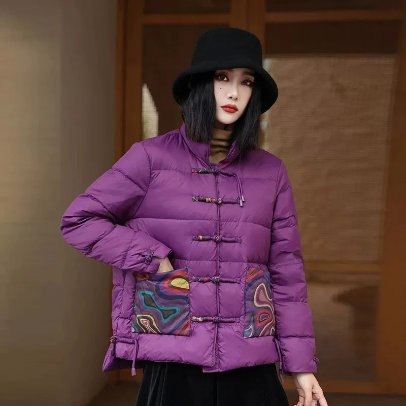 水波纹女立领短款盘扣民族风口袋印花保暖外套时尚复古外套