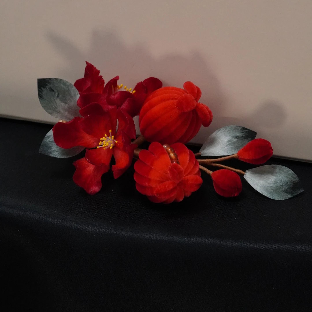 水墨石榴花微橙发夹头饰发卡胖绒非遗绒花国风新中式红色非遗饰品