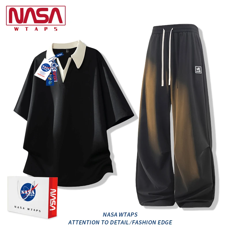 NASA WTAPS短袖套装男款夏季潮流polo衫翻领t恤搭配冰丝裤两件装