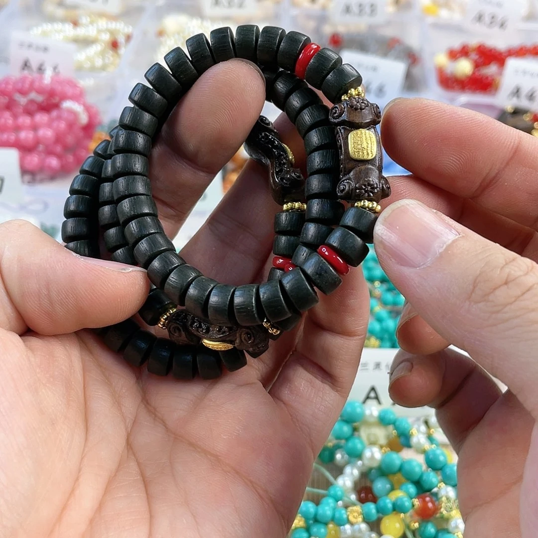 檀香木手串银S925镀金镶嵌