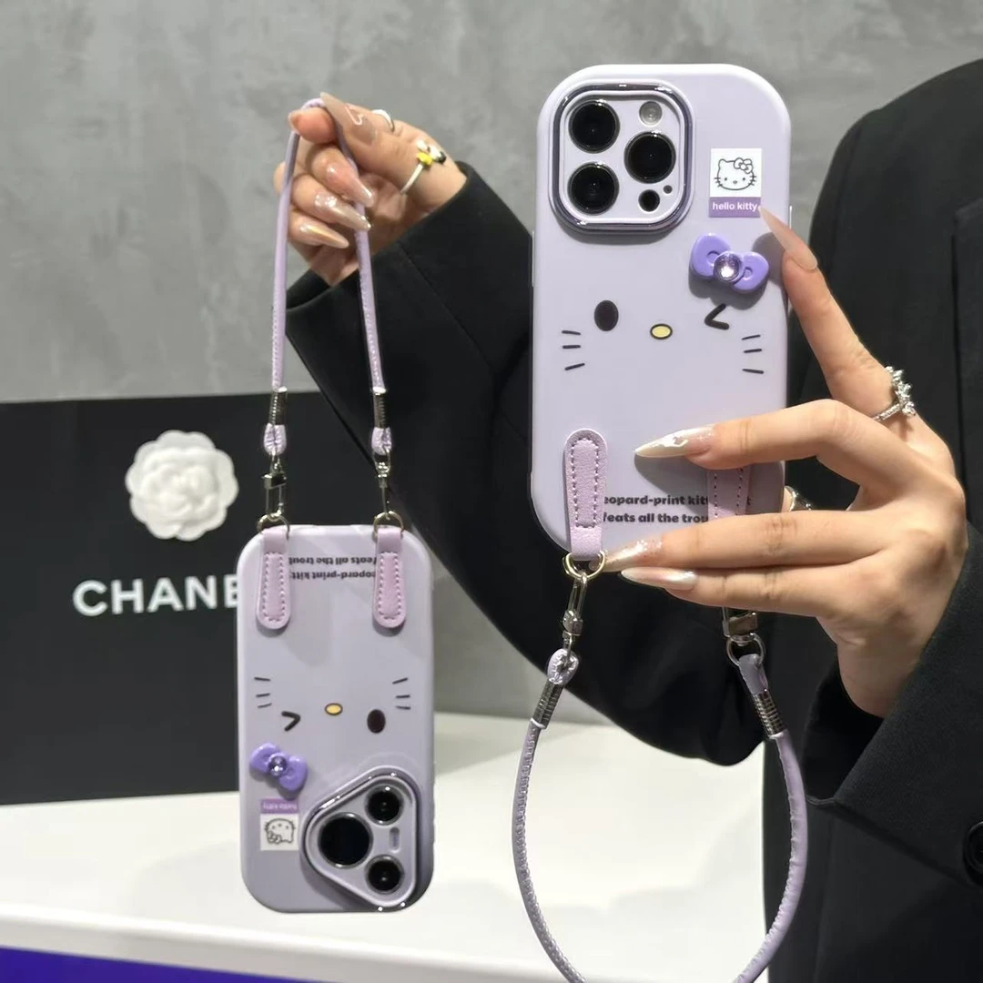 紫蝴蝶结kitty挂绳适用苹果17/16精孔胖子手机壳华为vivo小米oppo
