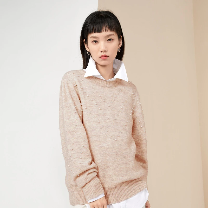 爱居兔长袖针织衫冬钉珠装饰弹力针织保暖毛衣女上衣ENZAJ4L001A