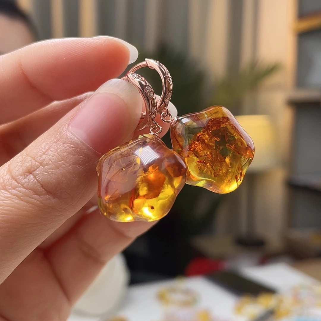 琥珀裸石银S925镀金镶嵌琥珀耳环