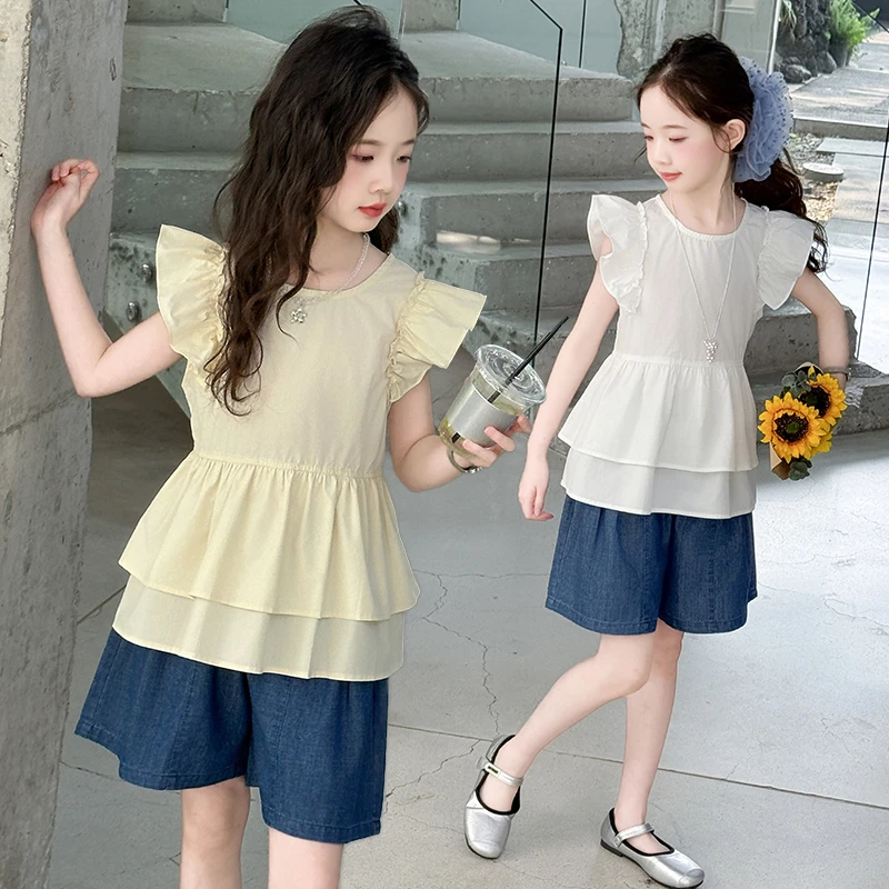 女童套装夏款2025新款儿童装小女孩娃娃衫薄款牛仔短裤洋气两件套