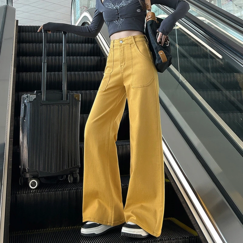 牛仔裤女高腰显瘦休闲直筒裤阔腿裤黄色休闲辣妹风百搭拖地新款
