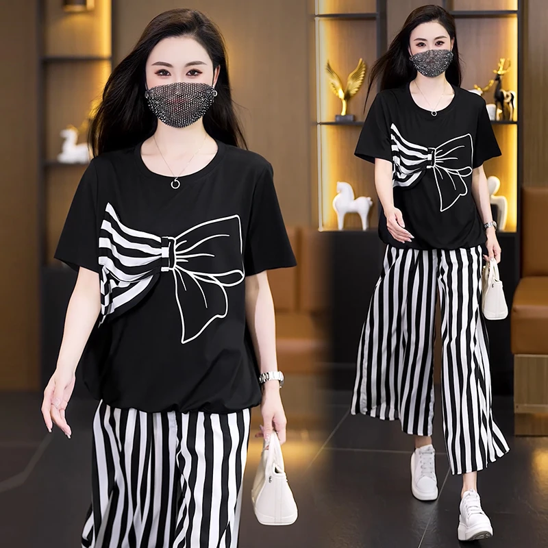 休闲套装2025夏季时尚条纹阔腿裤宽松显瘦雪纺拼接短袖百搭两件套