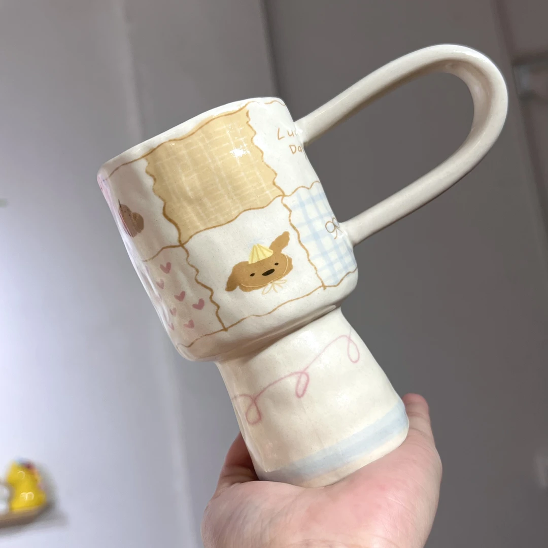【嘟嘟好】出口高货 幸运小狗 复古风 手捏陶瓷杯子 手绘风手作杯子