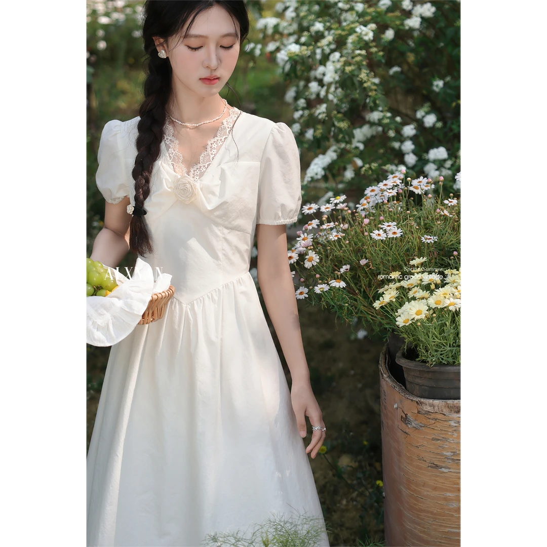 鹿向南「白茶清欢」法式白色连衣裙夏日新款高级裙子漂亮气质长裙