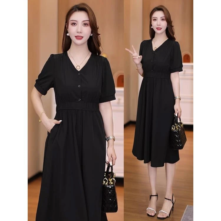 2025新款夏装时尚高端气质冰丝V领短袖连衣裙女减龄显瘦中长裙子