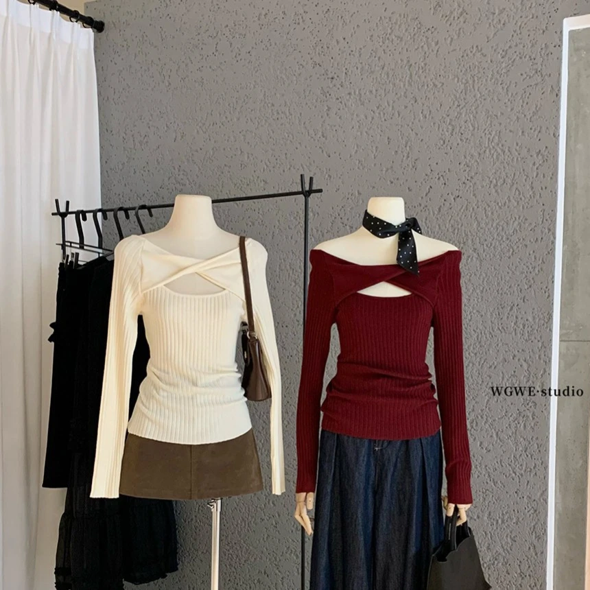 WGWE秋冬法式轻熟纯欲风镂空修身显瘦交叉领长袖针织衫女装W7903