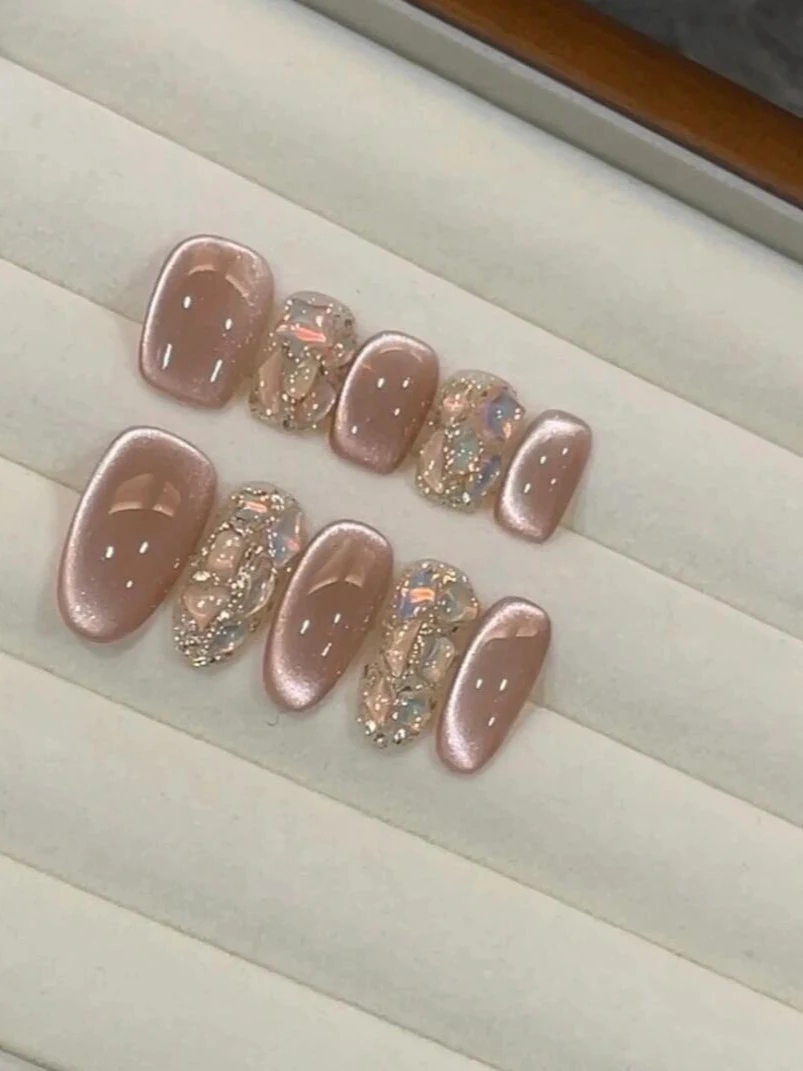 【茉莉猫眼】纯手工穿戴甲裸色渐变猫眼显白纯欲美甲晶石款甲片方形