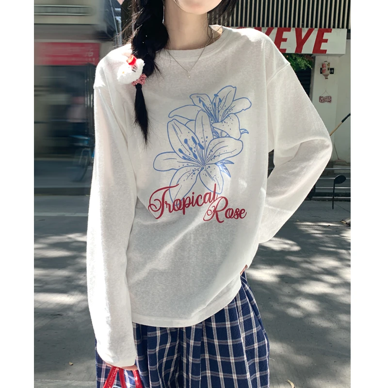 早秋韩系温柔风微透薄纱莱赛尔防晒罩衫圆领斜肩长袖t恤女上衣夏