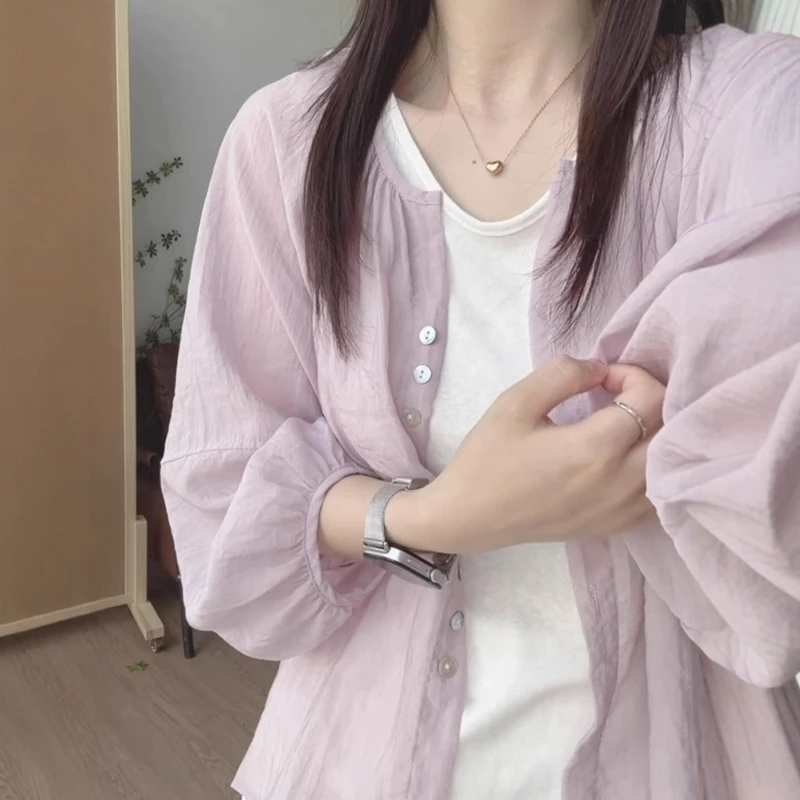 紫色天丝包袖防晒衬衫外套女夏季外搭罩衫薄款宽松灯笼袖开衫上衣