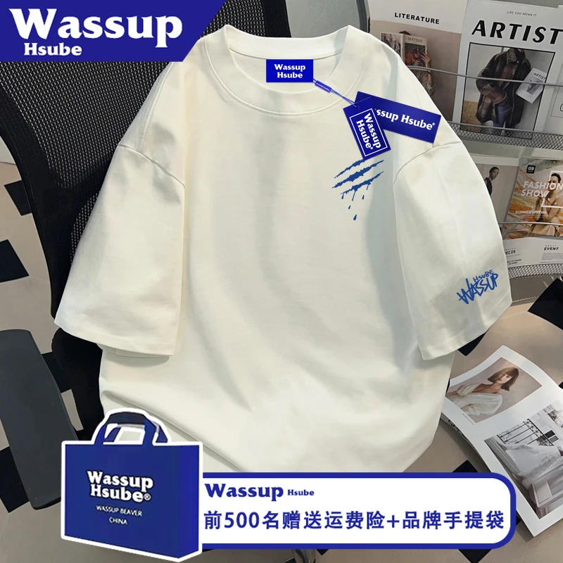 WASSUP HSUBE创意风爪痕印花短袖ins男女款上衣时尚风白色纯棉T恤